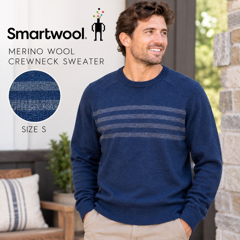 Smartwool Sparwood Crew Sweater S Blue Grey Striped Merino Wool Knit Pullover